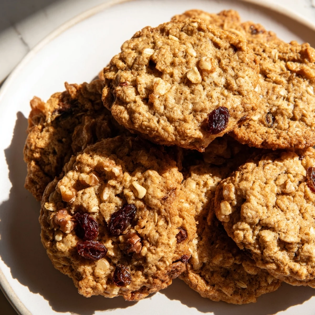 A plate of freshly baked Chai Oatmeal Craisin Cookies with chewy oats and tart dried cranberries.