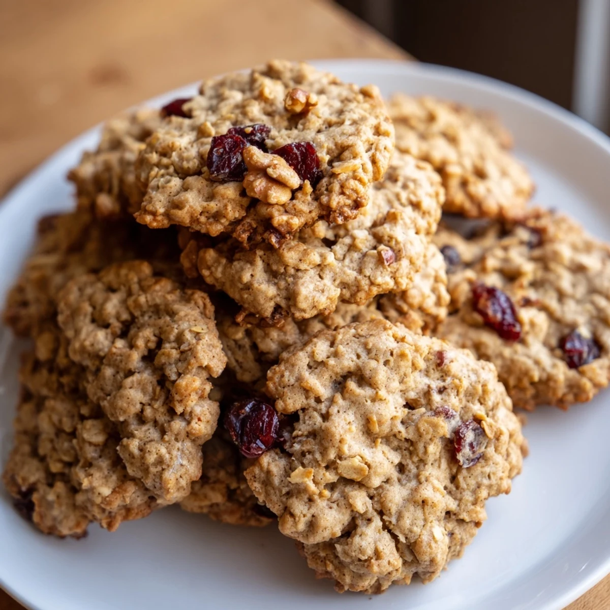 Close-up of golden-brown Chai Oatmeal Craisin Cookies on a cooling rack with cinnamon sticks nearby.