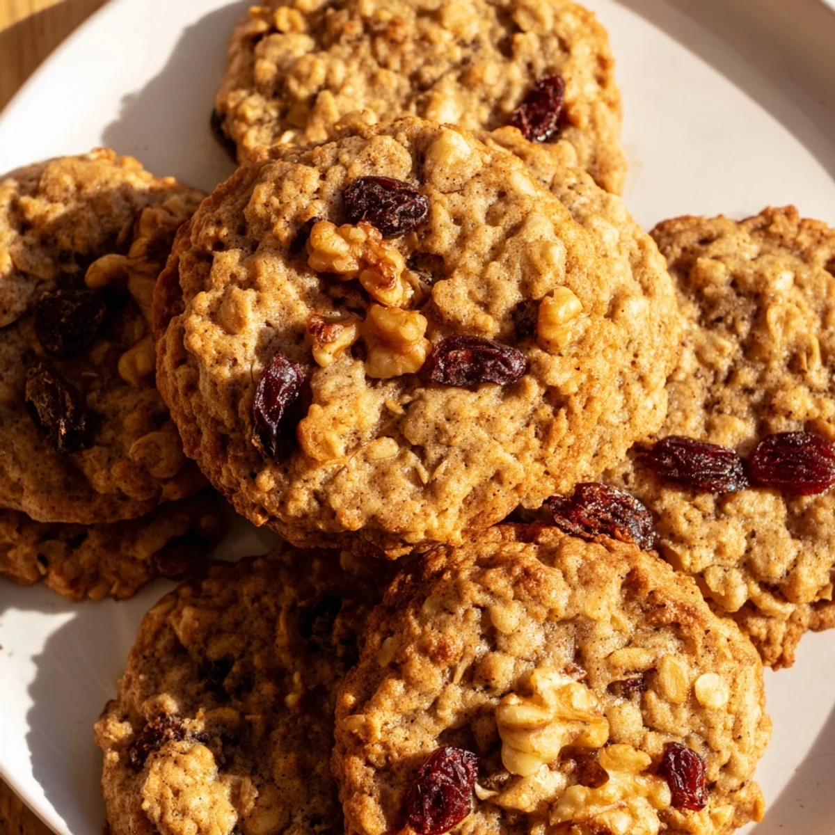 Warmly spiced Chai Oatmeal Craisin Cookies served with a steaming cup of tea on a rustic table.