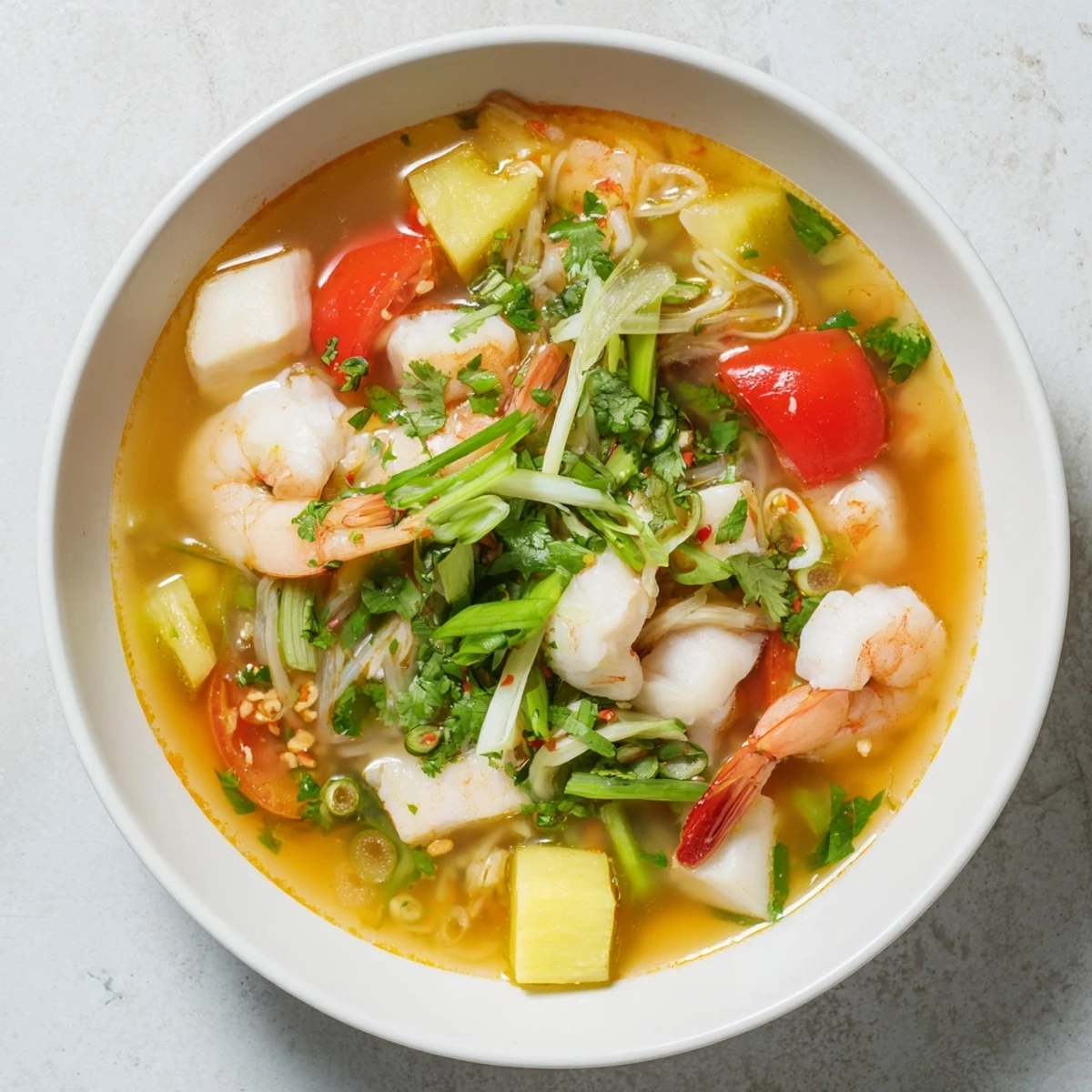 A close-up of Canh Chua soup showing flaky white fish, pink shrimp, and pineapple chunks in a tamarind broth topped with fresh cilantro and bean sprouts.