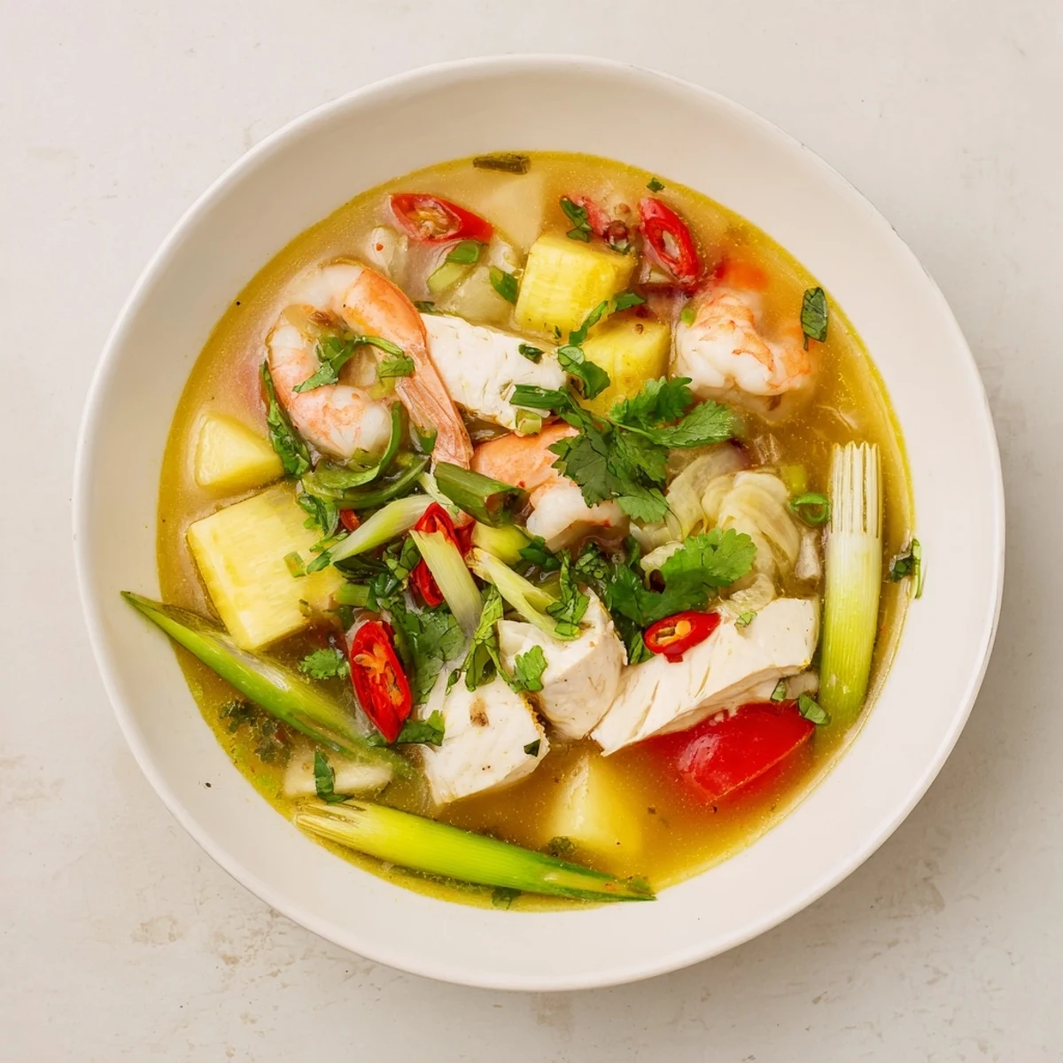 A steaming bowl of Canh Chua Vietnamese sweet and sour soup ready to serve, garnished with Thai basil, sliced chilies, and spring onions alongside jasmine rice.