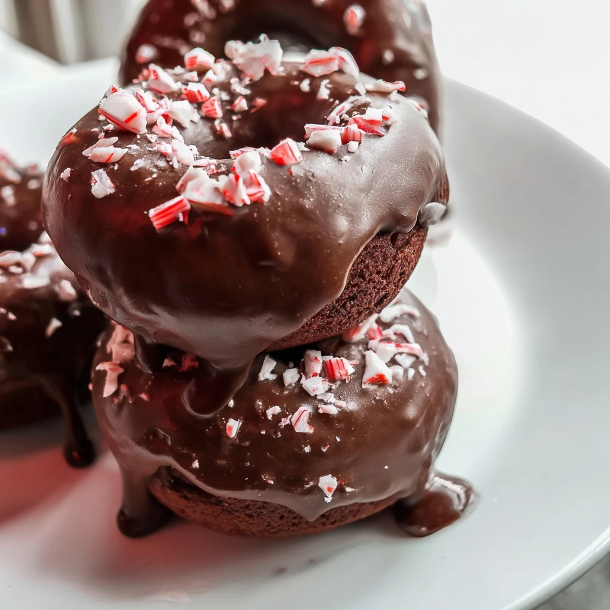 A plate of Chocolate Peppermint Mochi Donuts, featuring soft, chewy rings topped with a rich chocolate glaze and crushed candy canes for a festive holiday dessert.