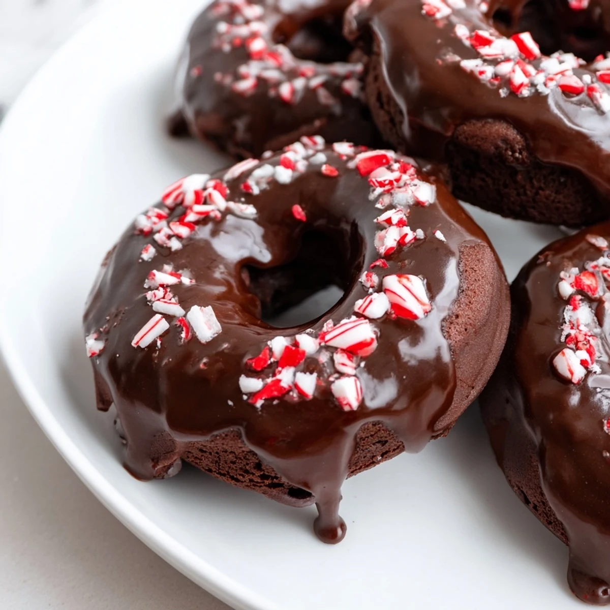 Festive holiday dessert plate with Chocolate Peppermint Mochi Donuts drizzled in glaze and sprinkled with crushed peppermint, perfect for a winter party treat.