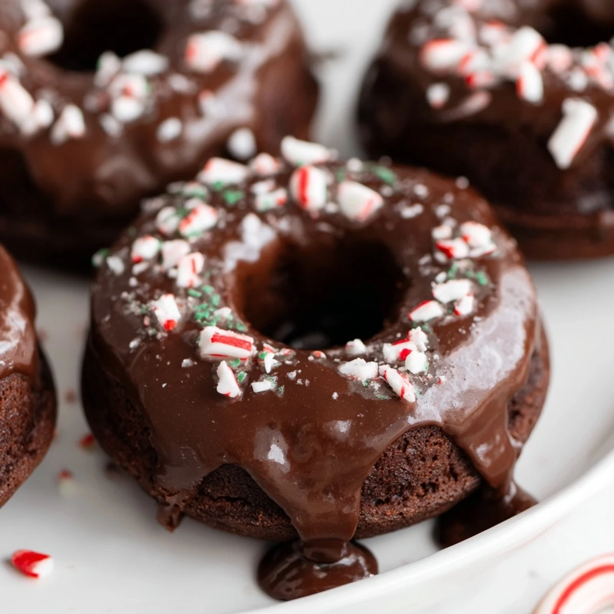 Freshly baked, gluten-free Chocolate Peppermint Mochi Donuts stacked on a cooling rack, showing their moist interior and glossy peppermint candy topping.