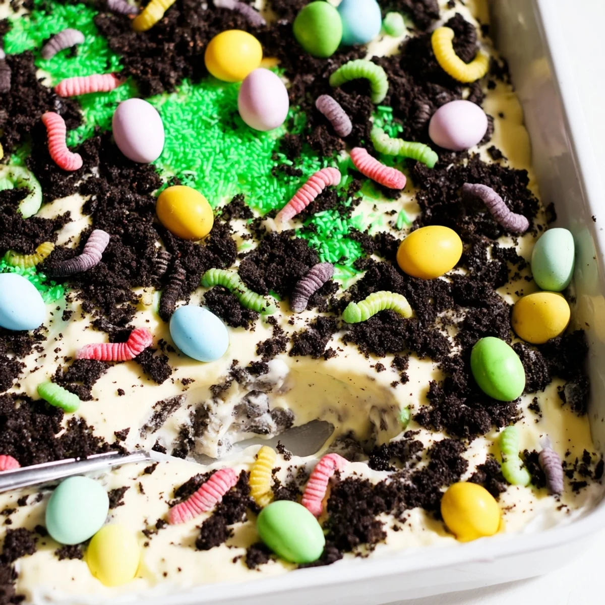A close-up of Easter Dirt Cake Casserole with creamy pudding layers, chocolate cookie crumbles, and gummy worms peeking out.