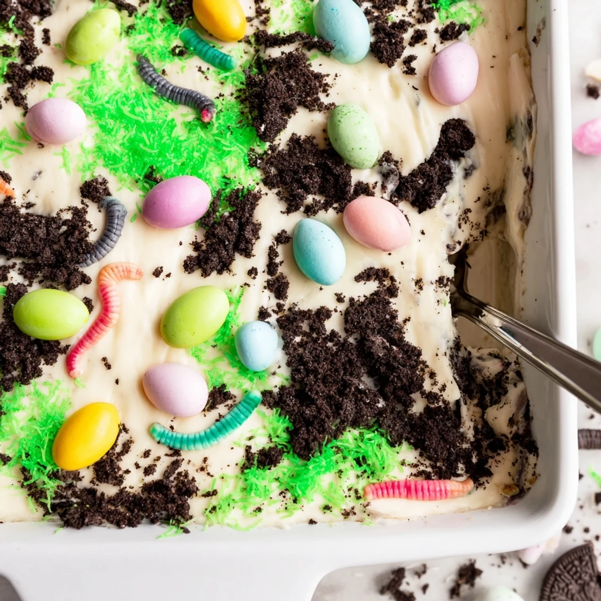 Bright spring serving of Easter Dirt Cake Casserole topped with pastel candy eggs and green-tinted coconut grass.