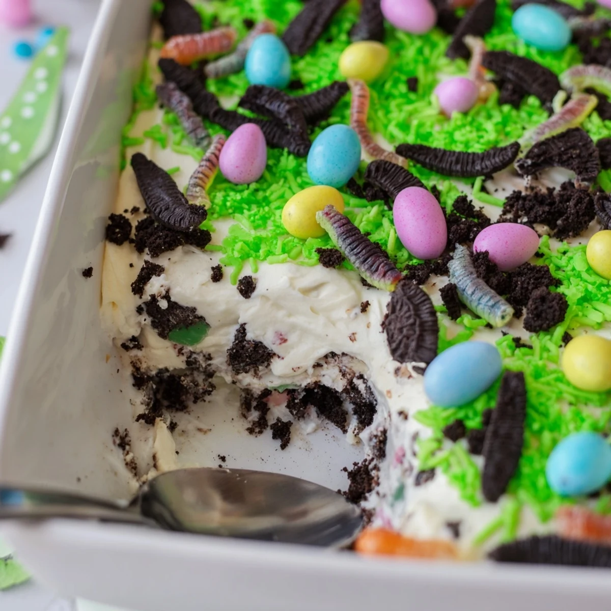 Spoon ready to scoop a generous slice of Easter Dirt Cake Casserole, showcasing rich cookie crumbs and smooth vanilla pudding.