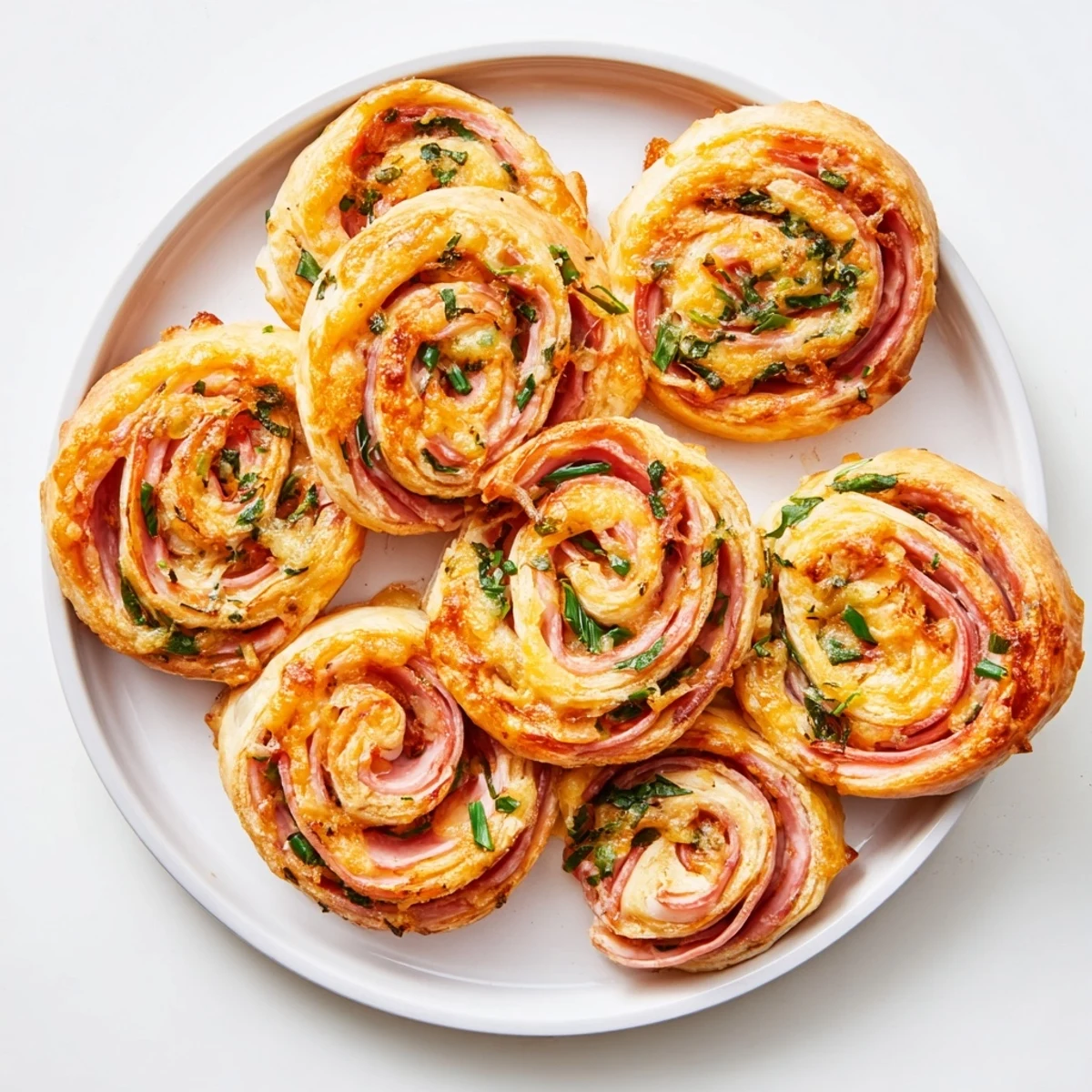 Golden-baked Easter Ham Cheddar Pinwheels on a white plate with fresh chives, showing flaky layers and melted cheese.