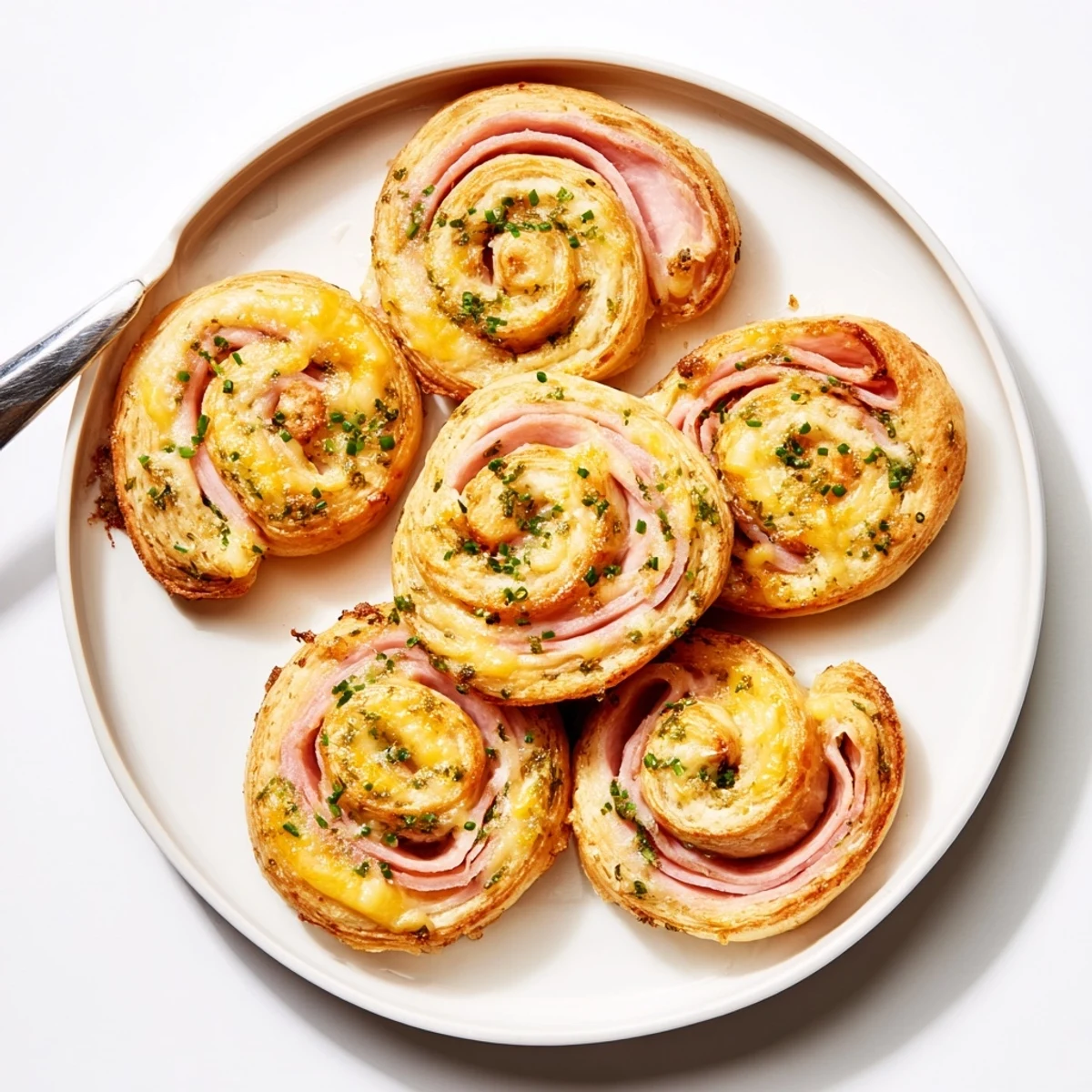 A close-up of Easter Ham Cheddar Pinwheels, smoky ham and sharp cheddar peeking from spiraled puff pastry.