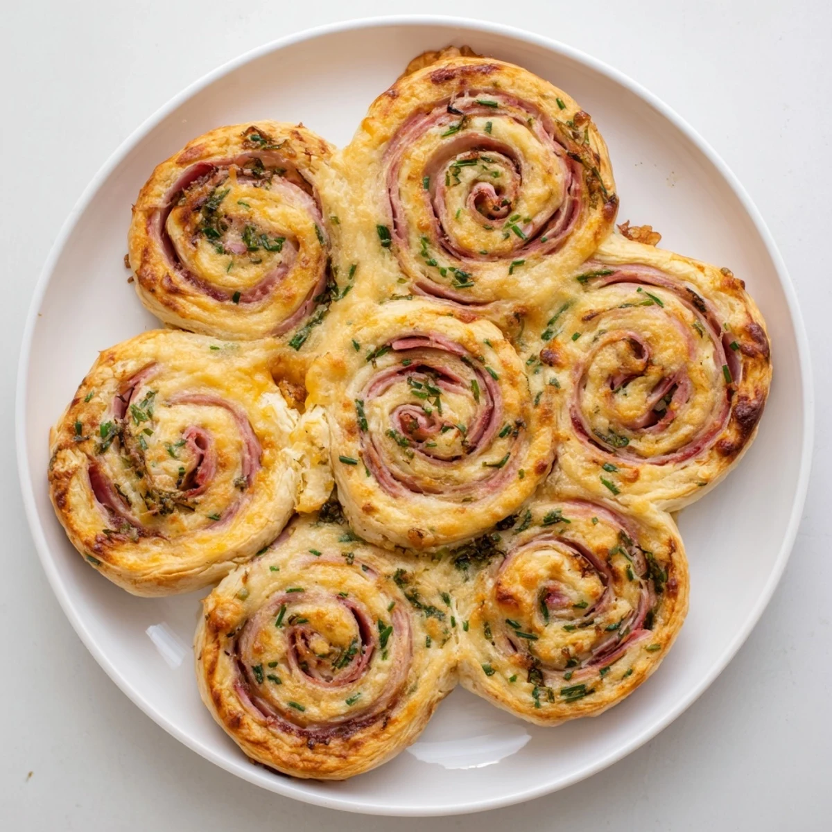 Serving platter of Easter Ham Cheddar Pinwheels, warm and golden, garnished with herbs for a festive spring appetizer.