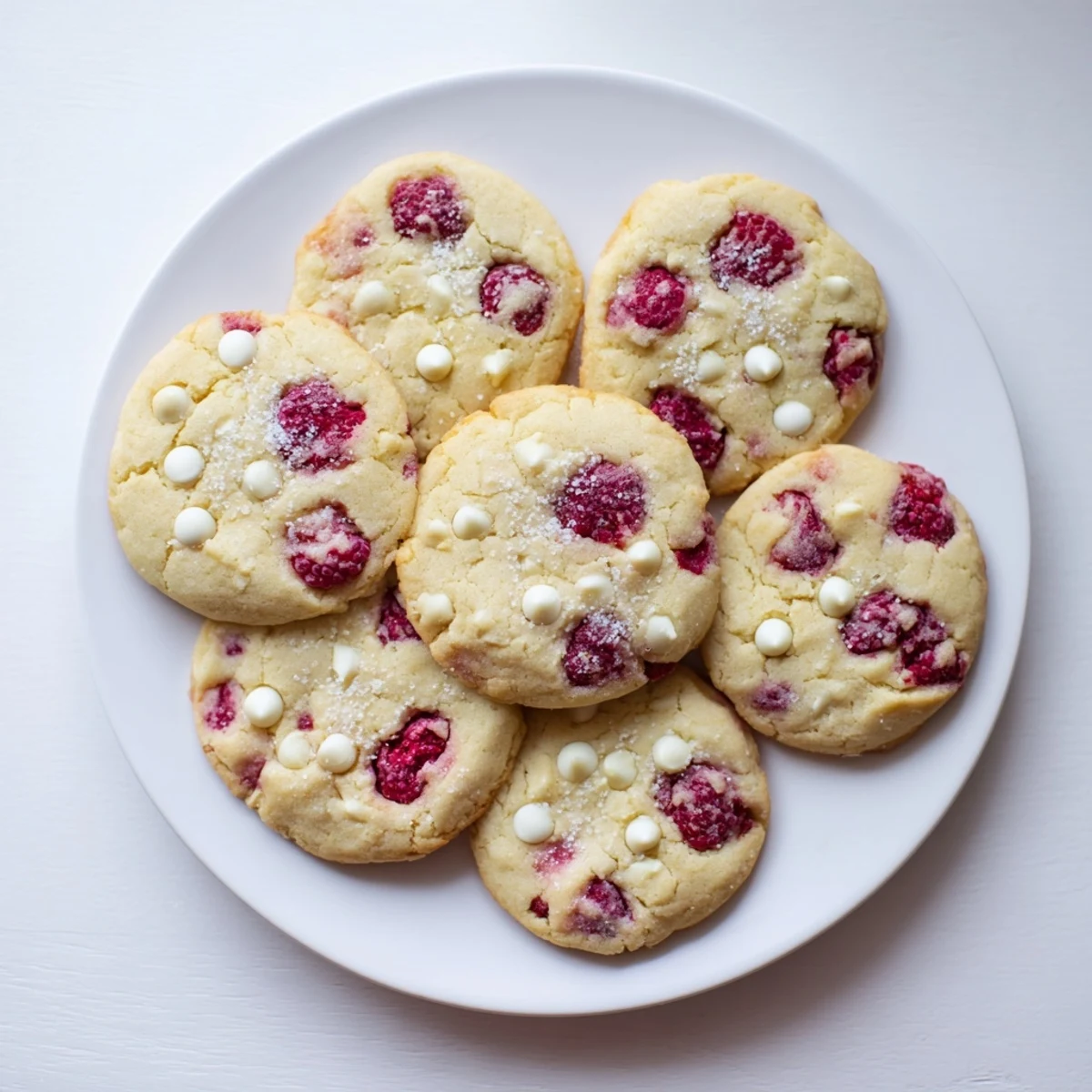 Lemon Raspberry Cookies stacked on a white plate, ready to serve with a glass of iced tea.