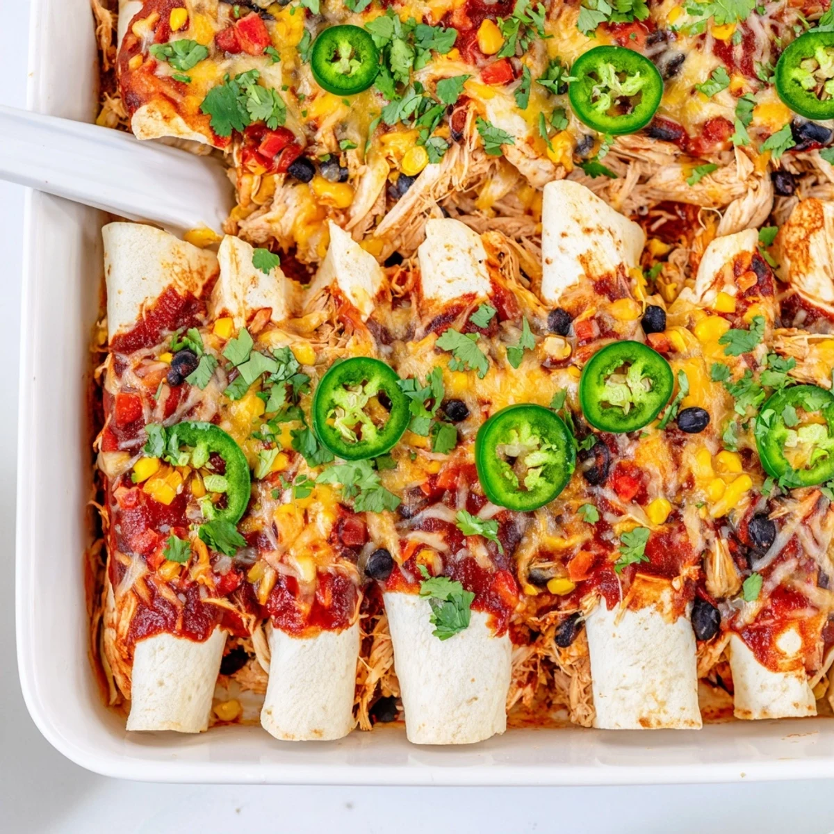 Golden-brown Chicken Enchiladas bubbling with melted cheese and smothered in zesty red sauce.