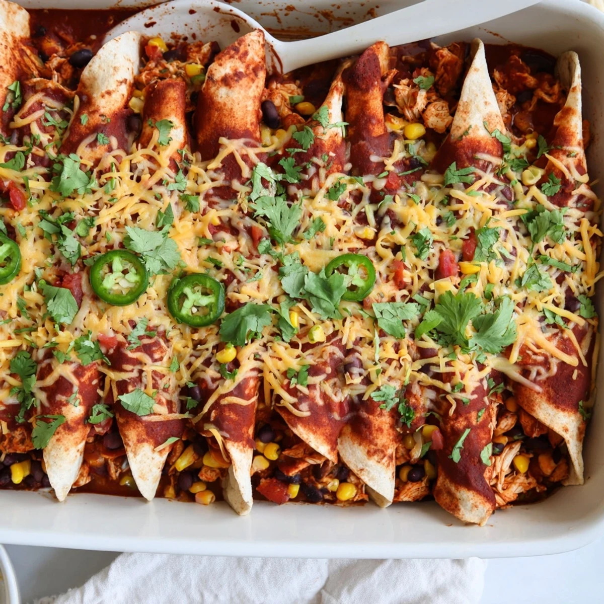 Stuffed Chicken Enchiladas in a casserole dish, rich with shredded chicken and savory spices.