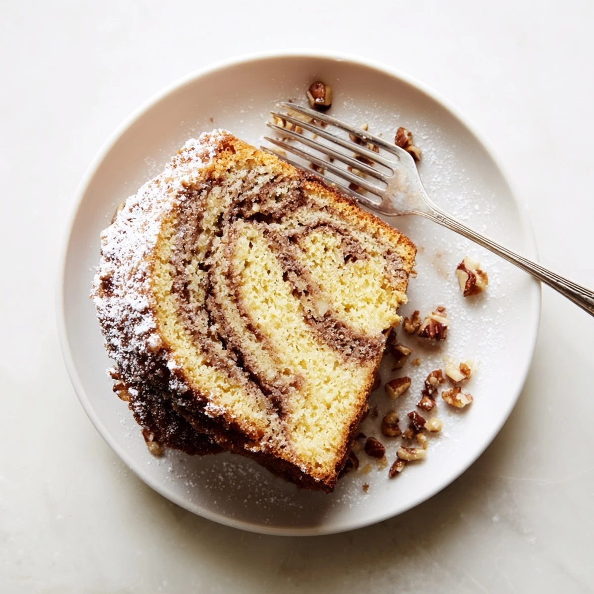 A freshly baked Easy Breakfast Bundt Coffee Cake with cinnamon swirl, dusted with powdered sugar and ready to slice.