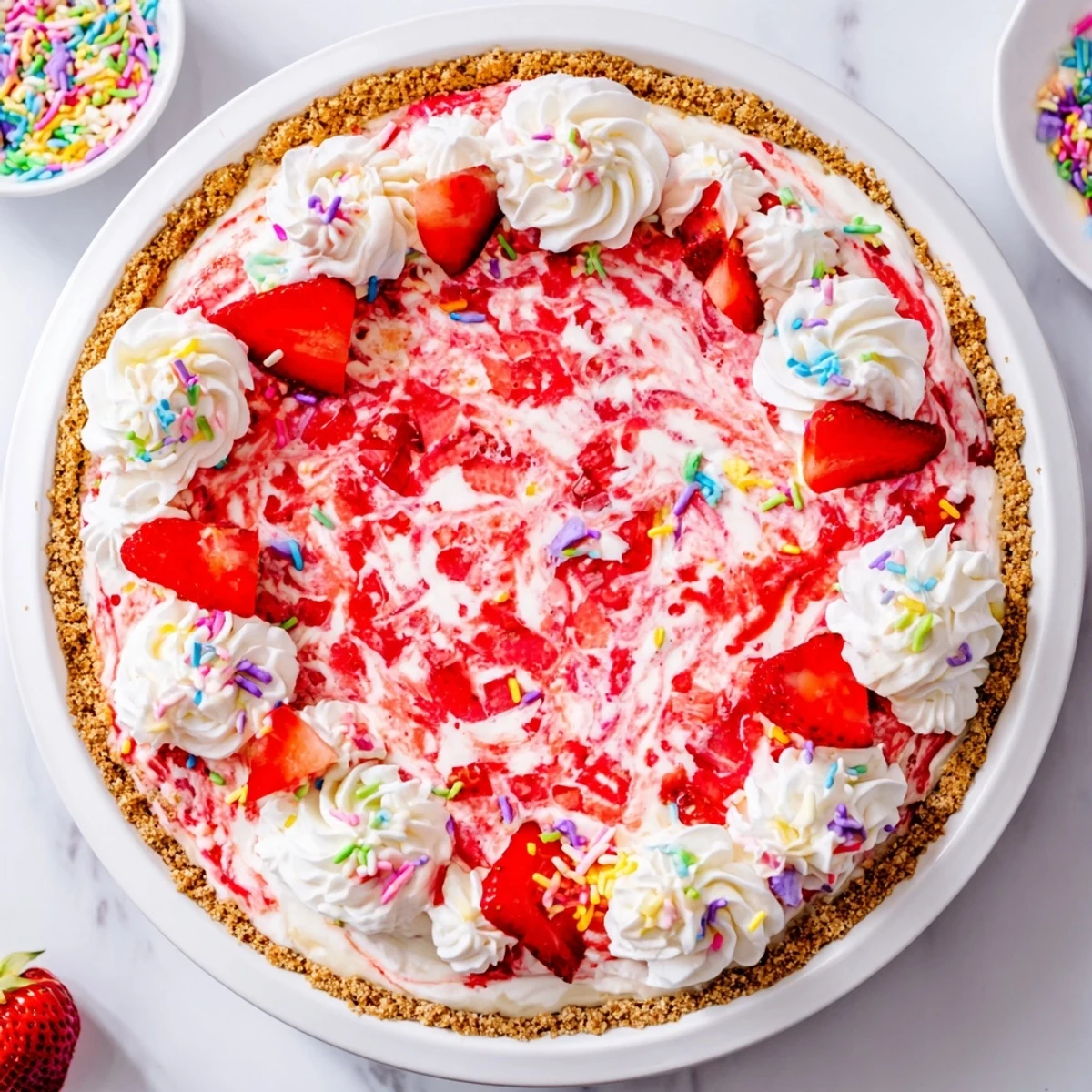 A close-up of Easter No Bake Jello Pie with a smooth graham cracker crust and fresh strawberry topping, served on a spring dessert plate.