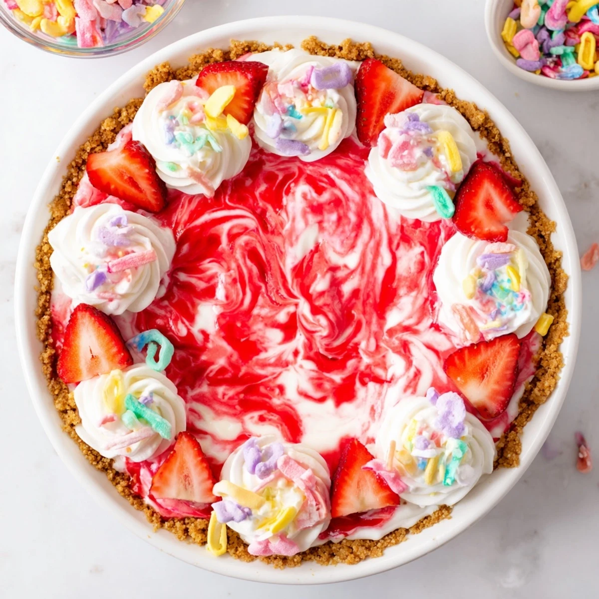 Chilled Easter No Bake Jello Pie reveals a vibrant strawberry layer and fluffy cream, garnished with sliced berries and pastel Easter sprinkles.