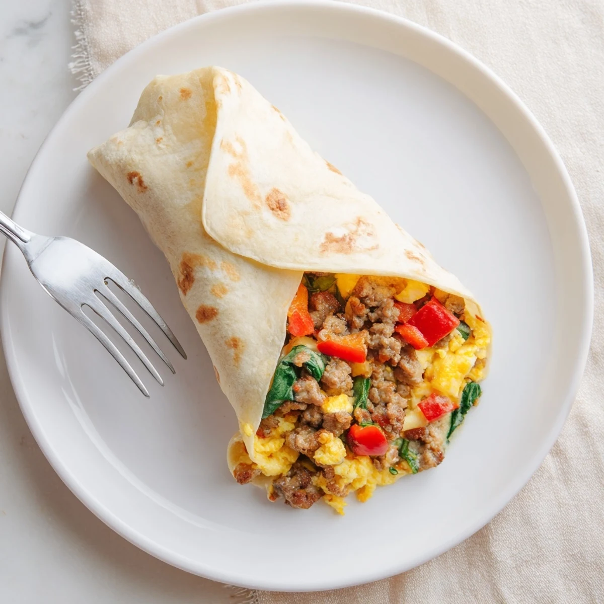 Golden brown Make-Ahead Breakfast Burritos stuffed with fluffy eggs, sausage, and melted cheddar cheese.