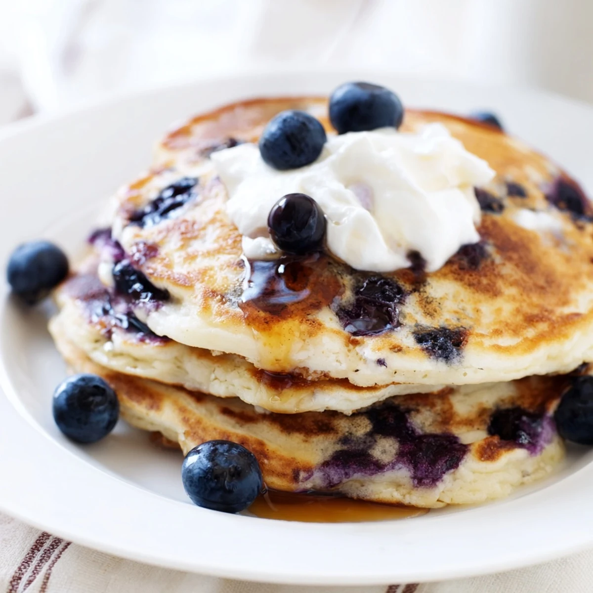 Fluffy Greek Yogurt Blueberry Pancakes stacked high with fresh berries on a white plate.