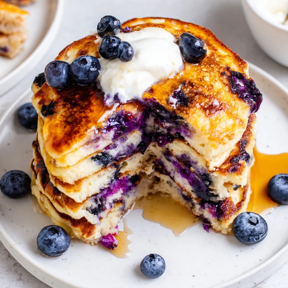 Greek Yogurt Blueberry Pancakes sizzling on a griddle with golden edges and bubbly tops.