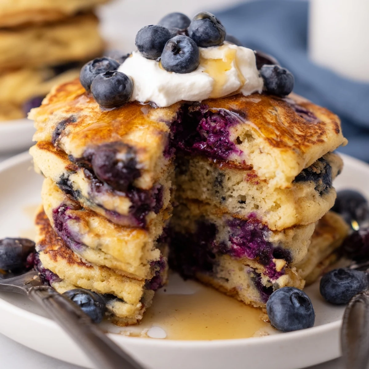 A warm stack of Greek Yogurt Blueberry Pancakes drizzled with maple syrup and yogurt.