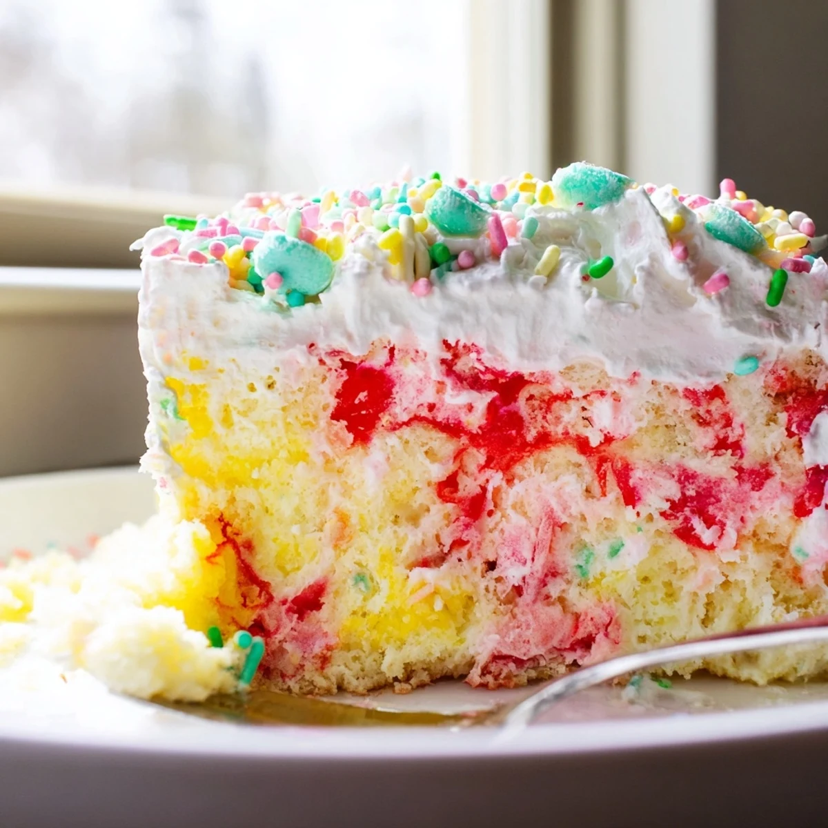 Easter Poke Cake with Vanilla Gelatin and Fruity Topping sits on a plate, pink and yellow stripes showing through creamy white frosting.