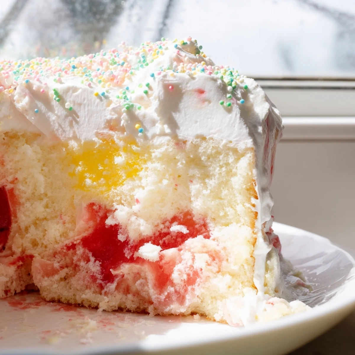 A slice of Easter Poke Cake with Vanilla Gelatin and Fruity Topping reveals bright gelatin swirls and fluffy whipped cream topping.