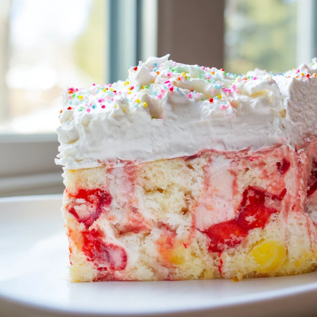 Bright sprinkles crown this Easter Poke Cake with Vanilla Gelatin and Fruity Topping, served chilled with a fork on a pastel plate.