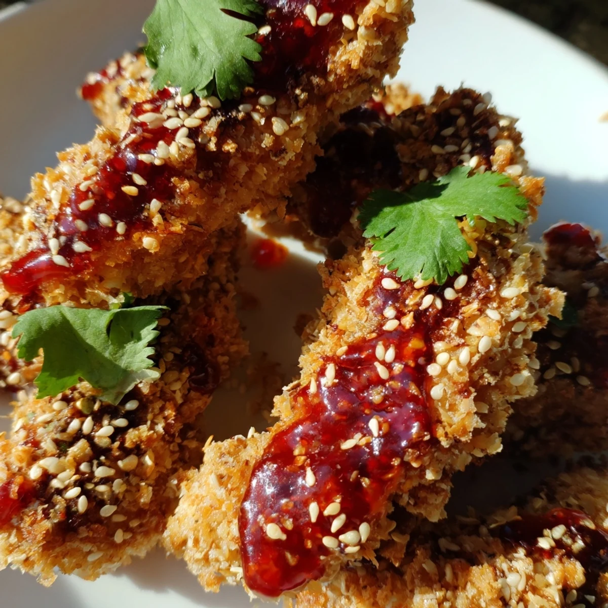 Golden-baked Thai Sticky Chicken Fingers glisten with a sweet and spicy sauce, garnished with fresh cilantro and sesame seeds on a platter.