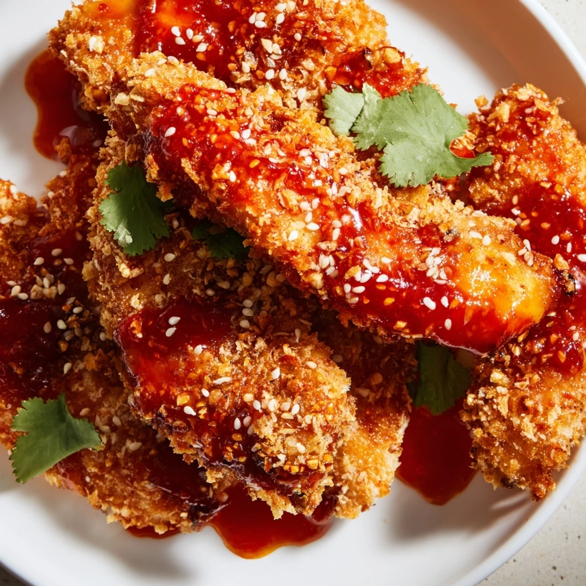 Crispy breaded Thai Sticky Chicken Fingers are tossed in a tangy glaze, served with lime wedges on a rustic wooden table.