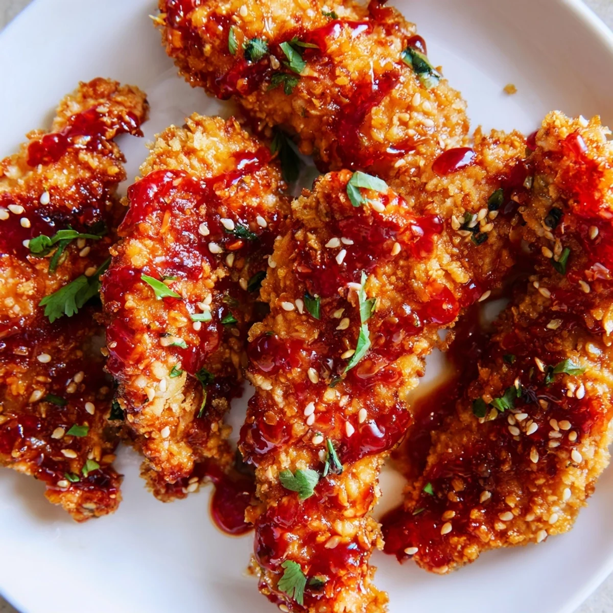 Close-up of Thai Sticky Chicken Fingers showing sticky sauce coating tender chicken, topped with toasted sesame seeds and fresh herbs.