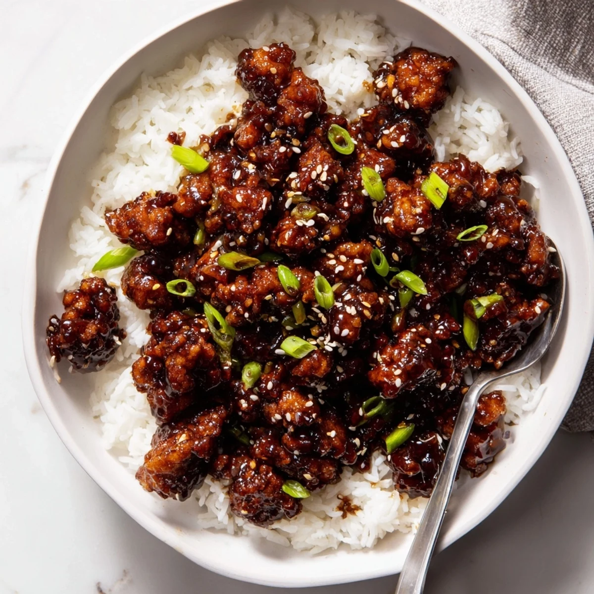 Golden brown Mongolian chicken pieces coated in a thick glossy brown sugar soy glaze with green onions