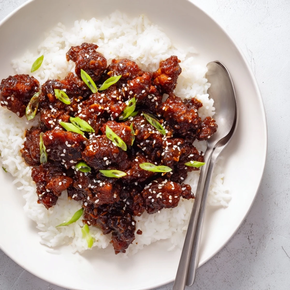 Crispy Mongolian chicken tossed in savory sweet garlic ginger sauce and sprinkled with toasted sesame seeds