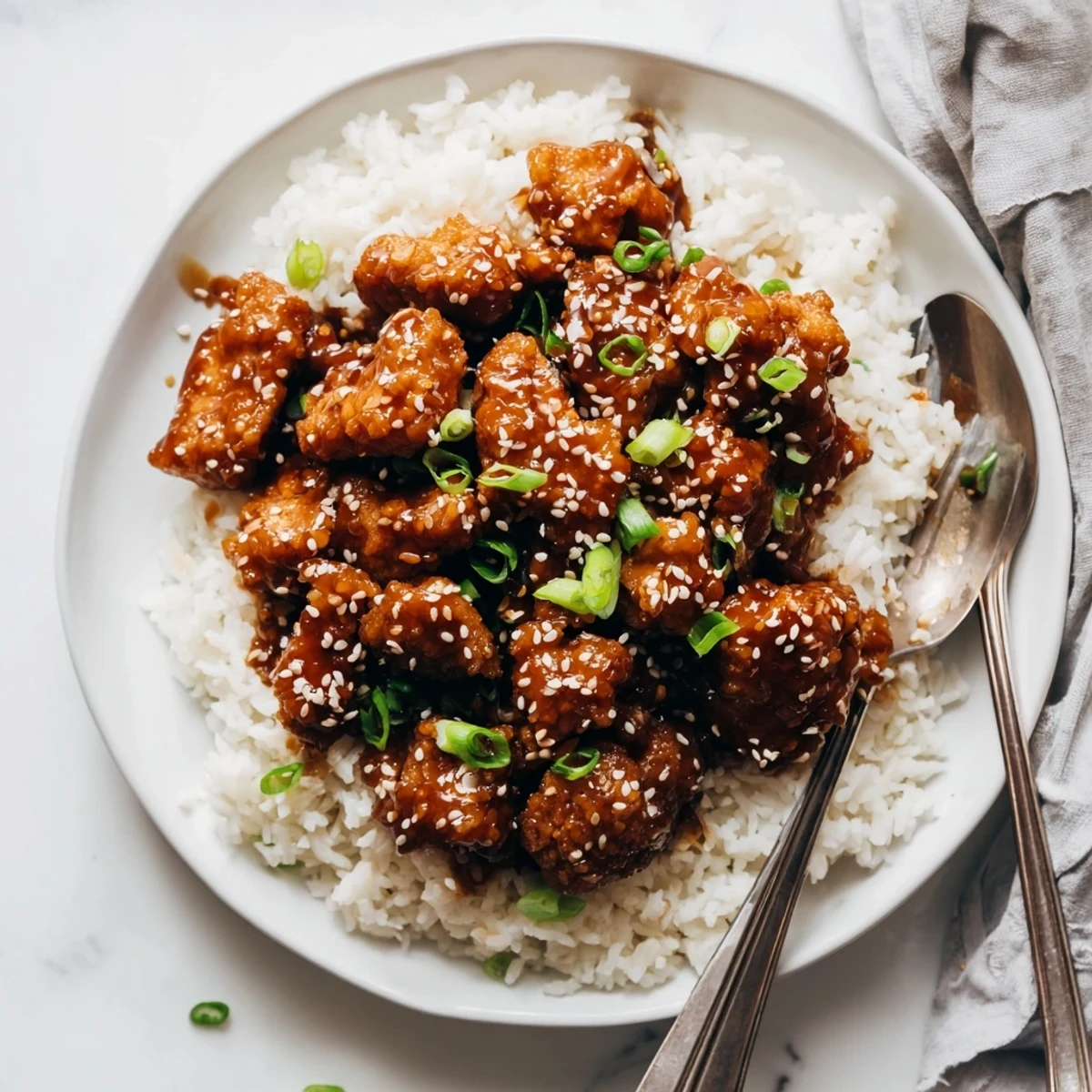 Mongolian chicken served over white rice with sticky caramelized sauce and fresh scallion garnish