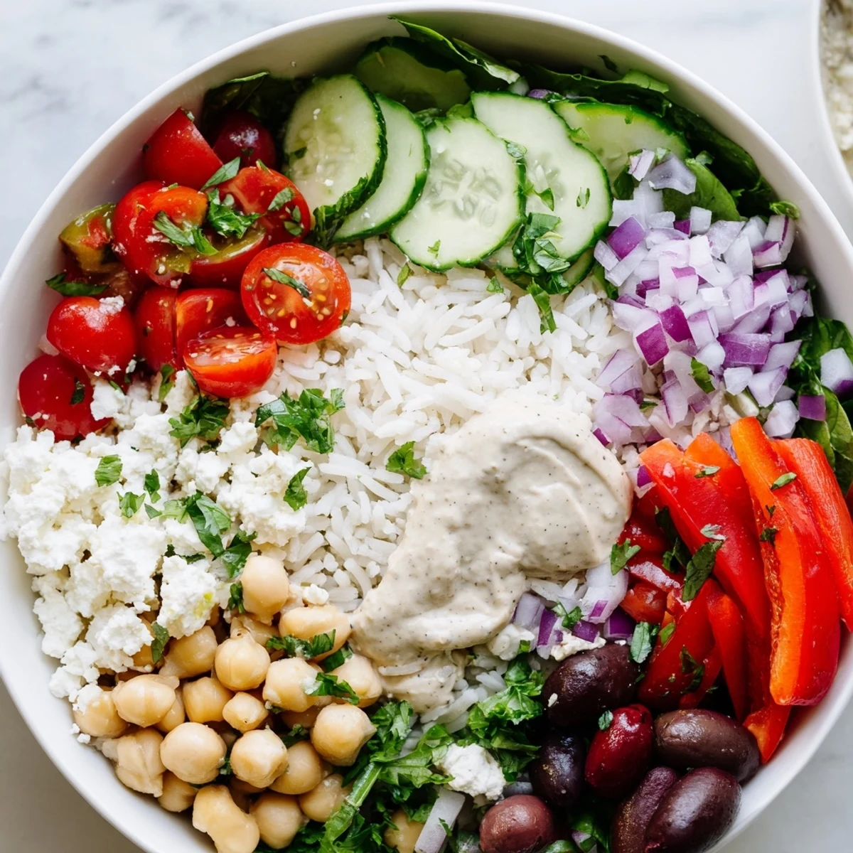 Colorful Mediterranean rice bowl loaded with fresh vegetables, hummus, and zesty lemon-tahini drizzle