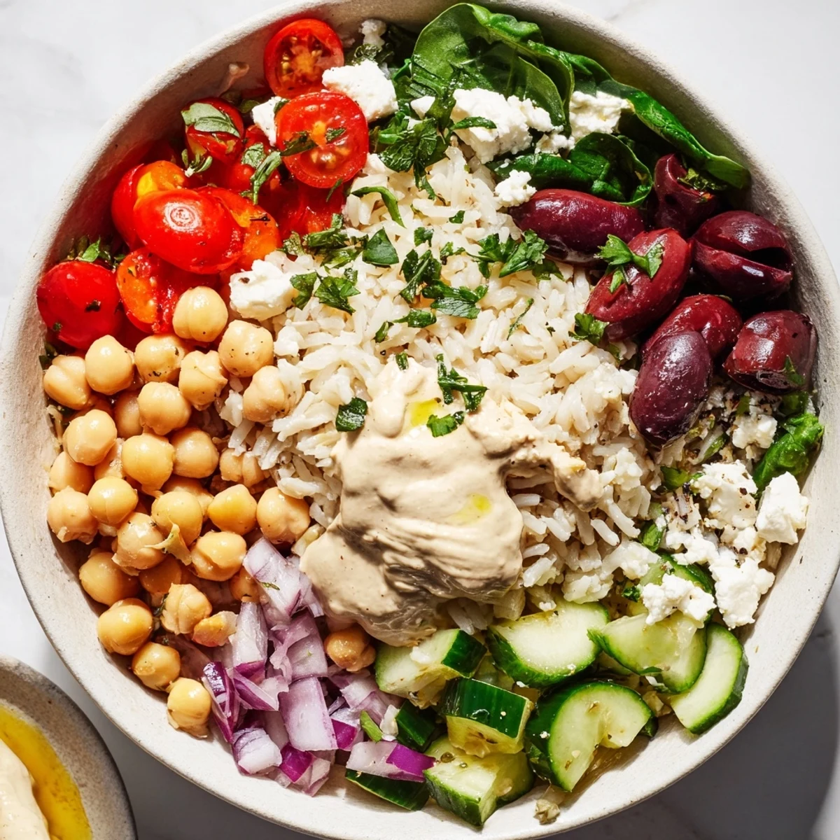Healthy Mediterranean rice bowl arranged with chickpeas, bell peppers, and tangy tahini dressing