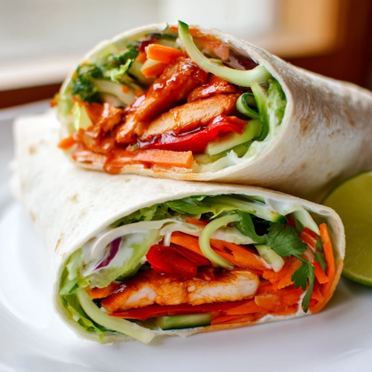 Golden sweet chili chicken wraps filled with crisp colorful vegetables wrapped in warm soft flour tortillas