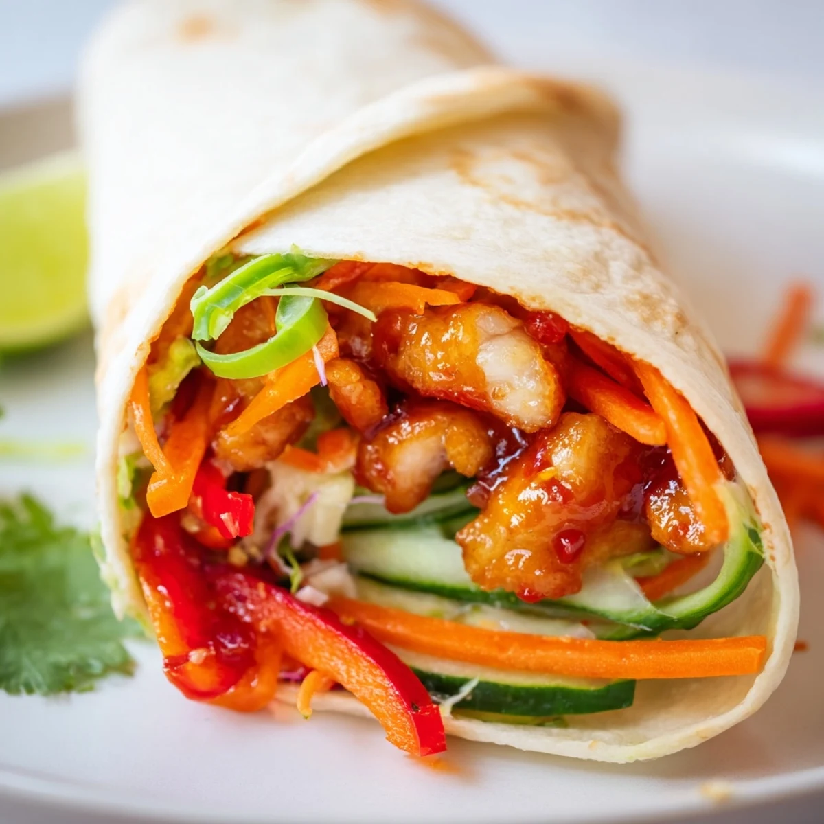 Asian-inspired sweet chili chicken wraps featuring tender marinated meat and fresh julienned vegetables for easy weeknight dinners