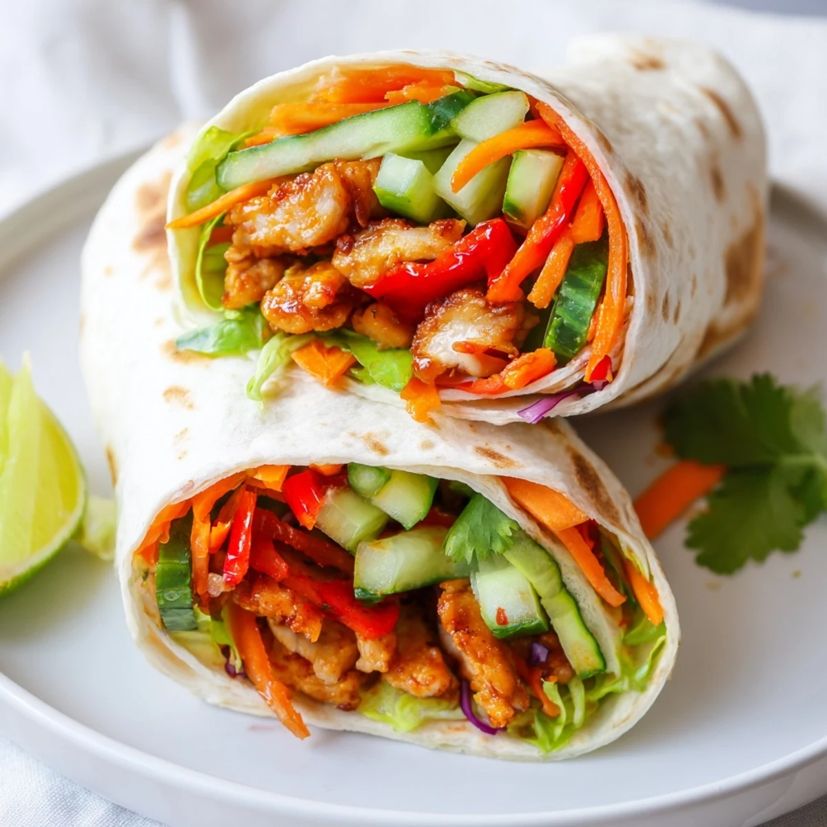 Delicious sweet chili chicken wraps packed with crunchy bell peppers carrots and lettuce drizzled with tangy sauce