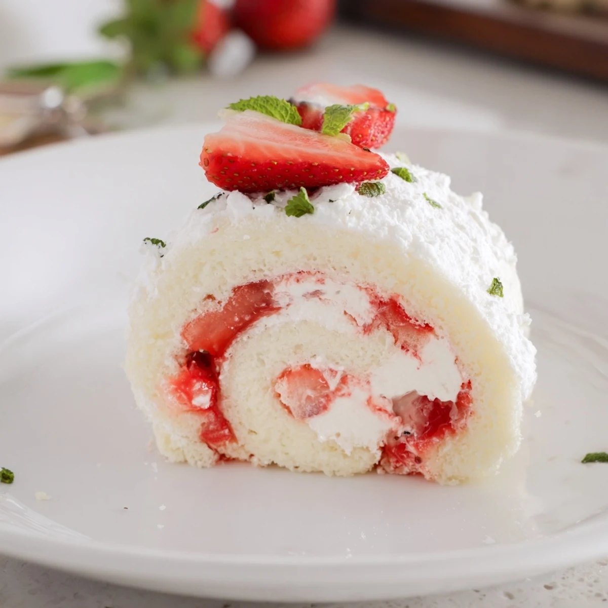 Playful strawberry shortcake sushi rolls featuring soft vanilla cake, fresh strawberries, and fluffy whipped cream filling