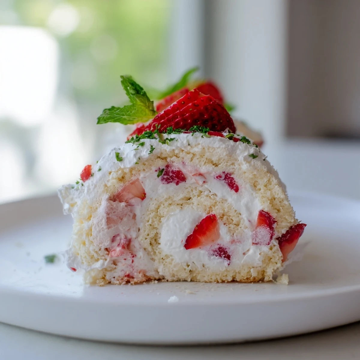 Fusion dessert sushi with vanilla sponge cake rolled around sweet diced strawberries and vanilla whipped cream
