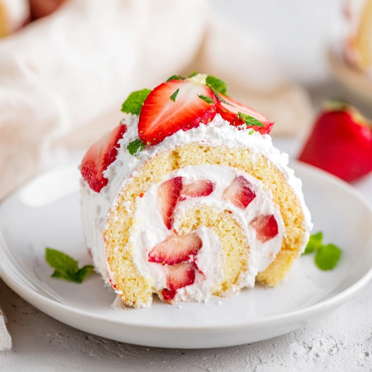 Elegant strawberry shortcake sushi pieces garnished with fresh strawberry slices on a serving plate