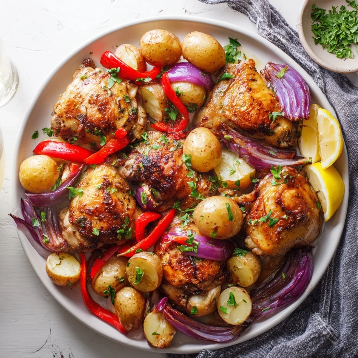Succulent sheet pan chicken and potatoes fresh from the oven garnished with parsley and lemon wedges