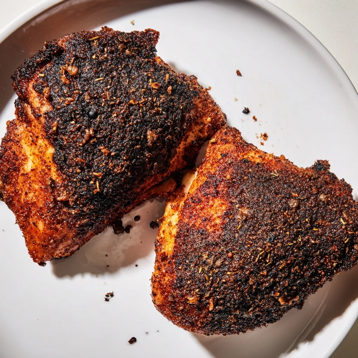 Golden brown blackened chicken breasts with dark spicy crust on white plate