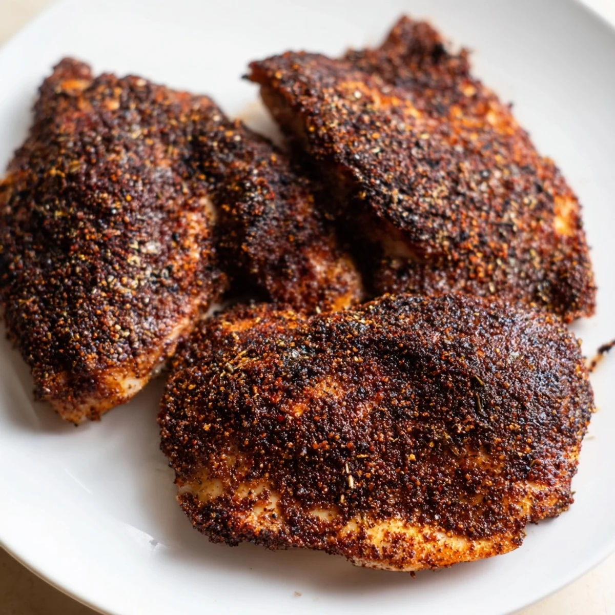 Cast iron skillet blackened chicken with smoky charred seasoning and fresh herbs