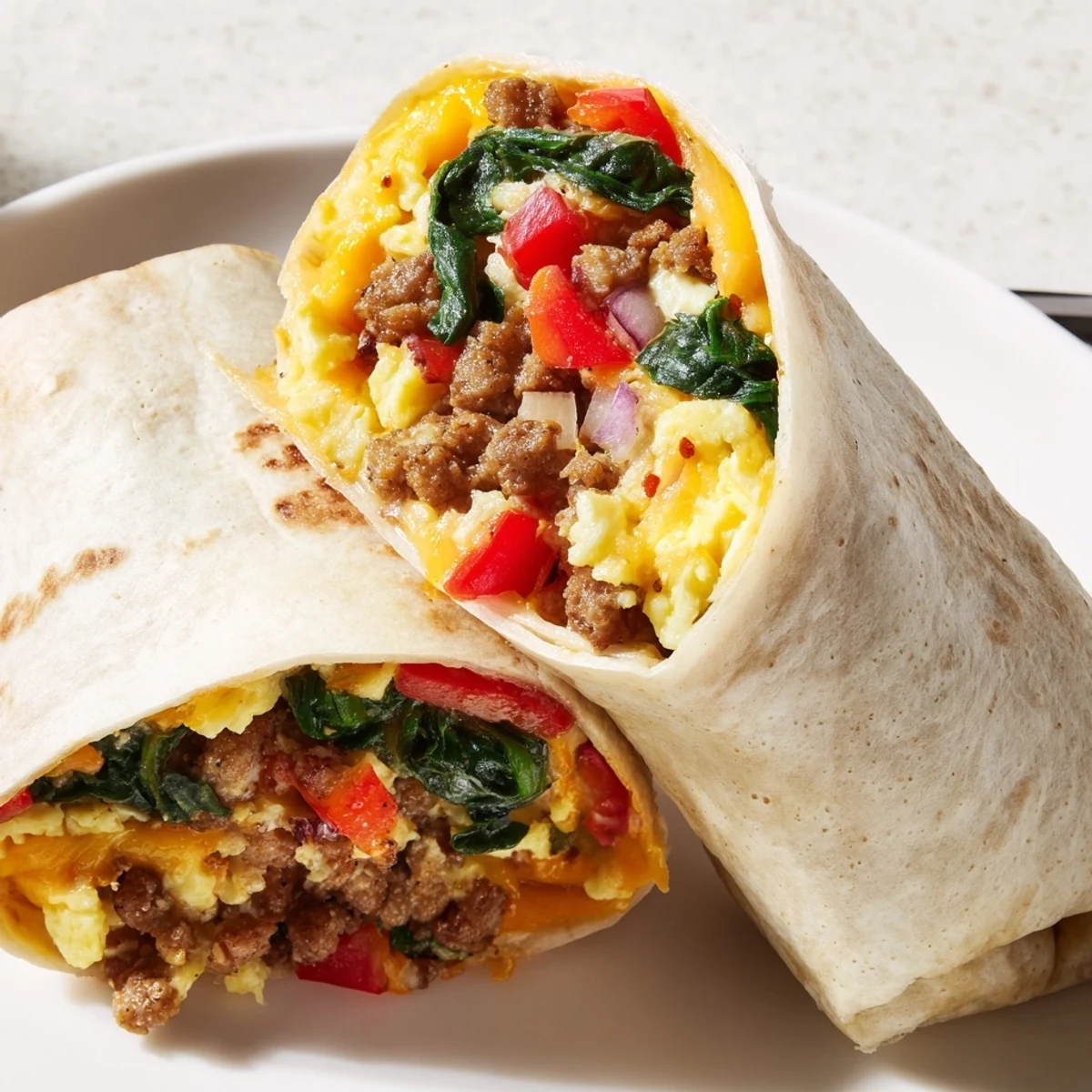 Golden make-ahead breakfast burritos wrapped in foil with fluffy eggs, melted cheddar, and savory sausage