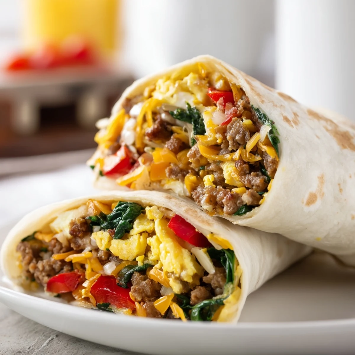 Plated make-ahead breakfast burritos sliced in half revealing colorful peppers, spinach, and cheesy egg filling