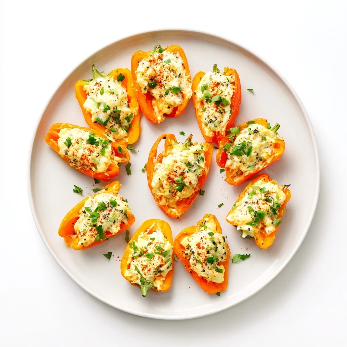 Golden roasted air fryer cream cheese stuffed mini peppers arranged on serving platter