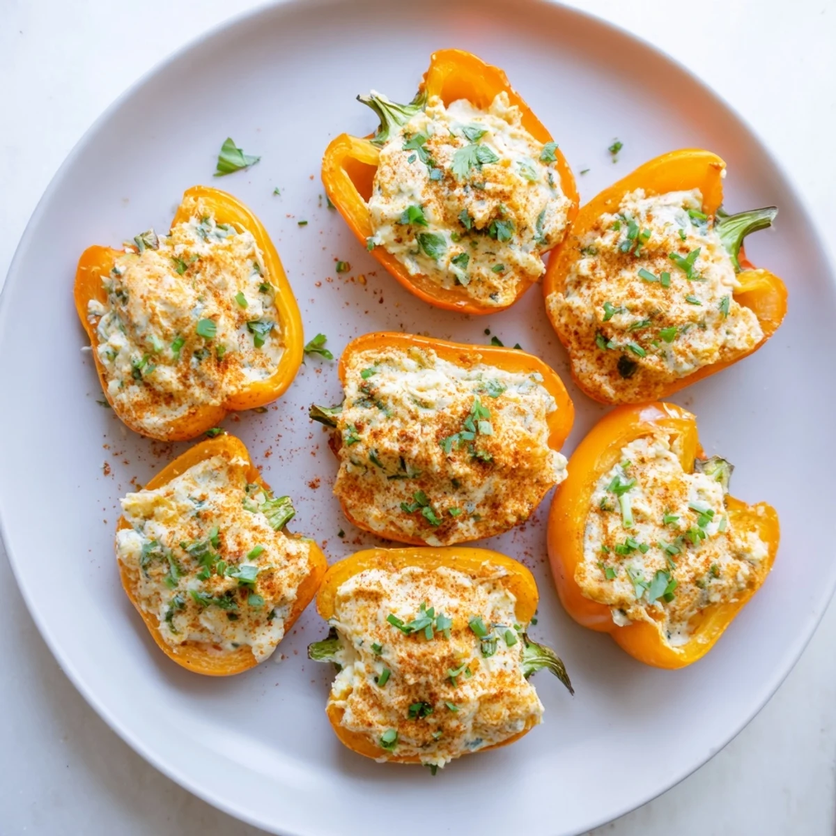 Tender sweet pepper halves filled with savory cheese blend, air-fried until lightly bubbly