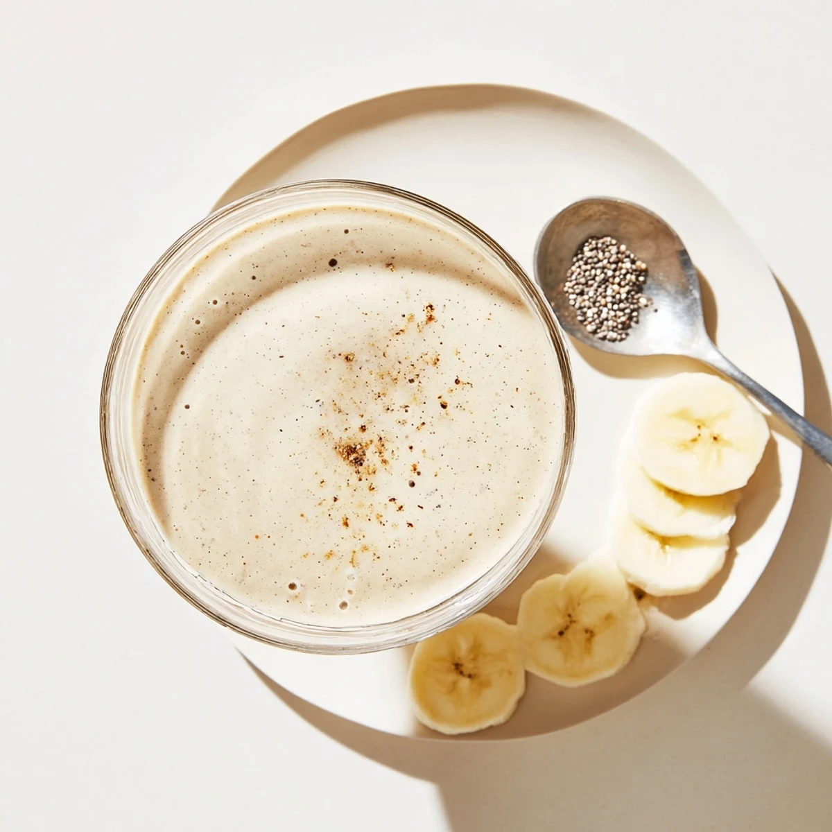 Thick blended Greek yogurt banana smoothie poured into a clear glass with straw