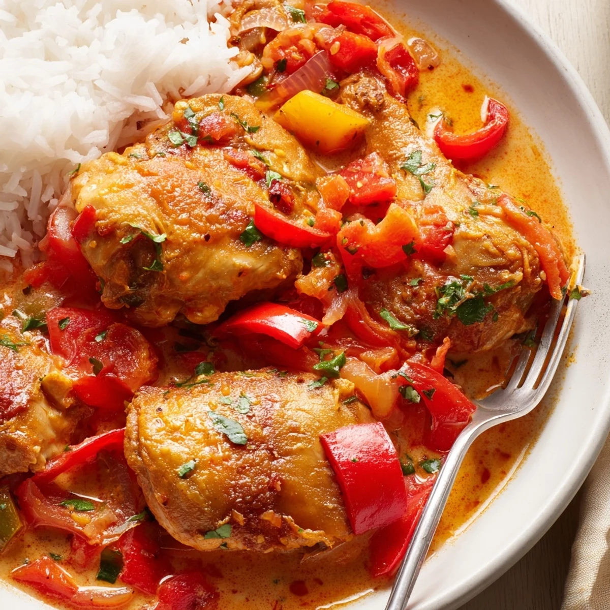 Golden chicken pieces simmer in creamy spicy Brazilian coconut sauce with colorful bell peppers